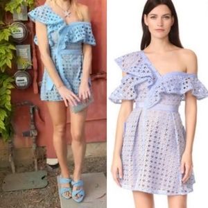 Self Portrait lined sheer crochet powder blue minidress 2